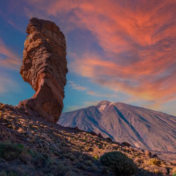 Sunset at Roque Cinchado next to Teide in the natural park of Tenerife, Canary Islands. Spain